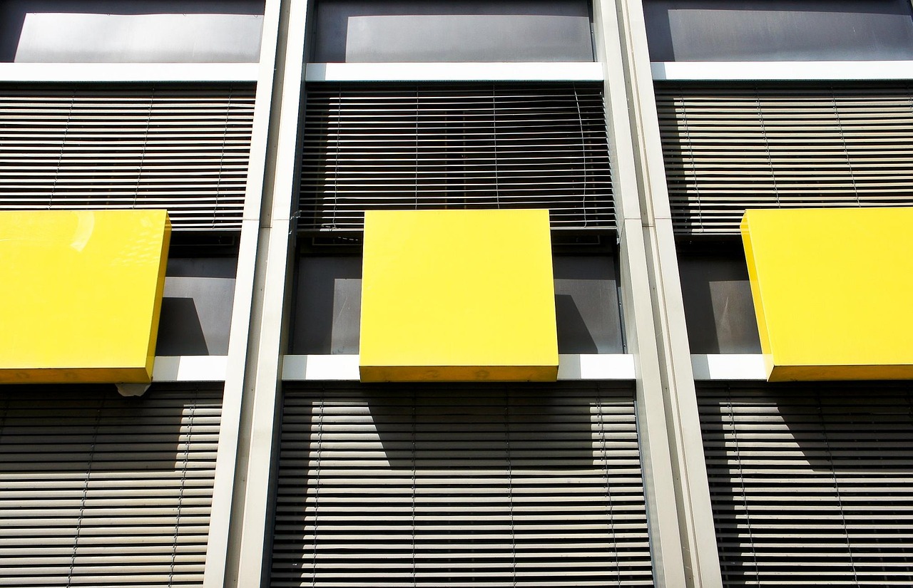 window, darkening, art, rolls, shutters, architecture, building, house facade, yellow